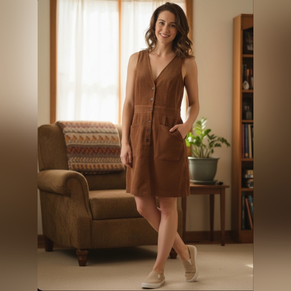 Kara and Kate Boho Brown Sleeveless Button Front Acadamia Dress NWT Medium